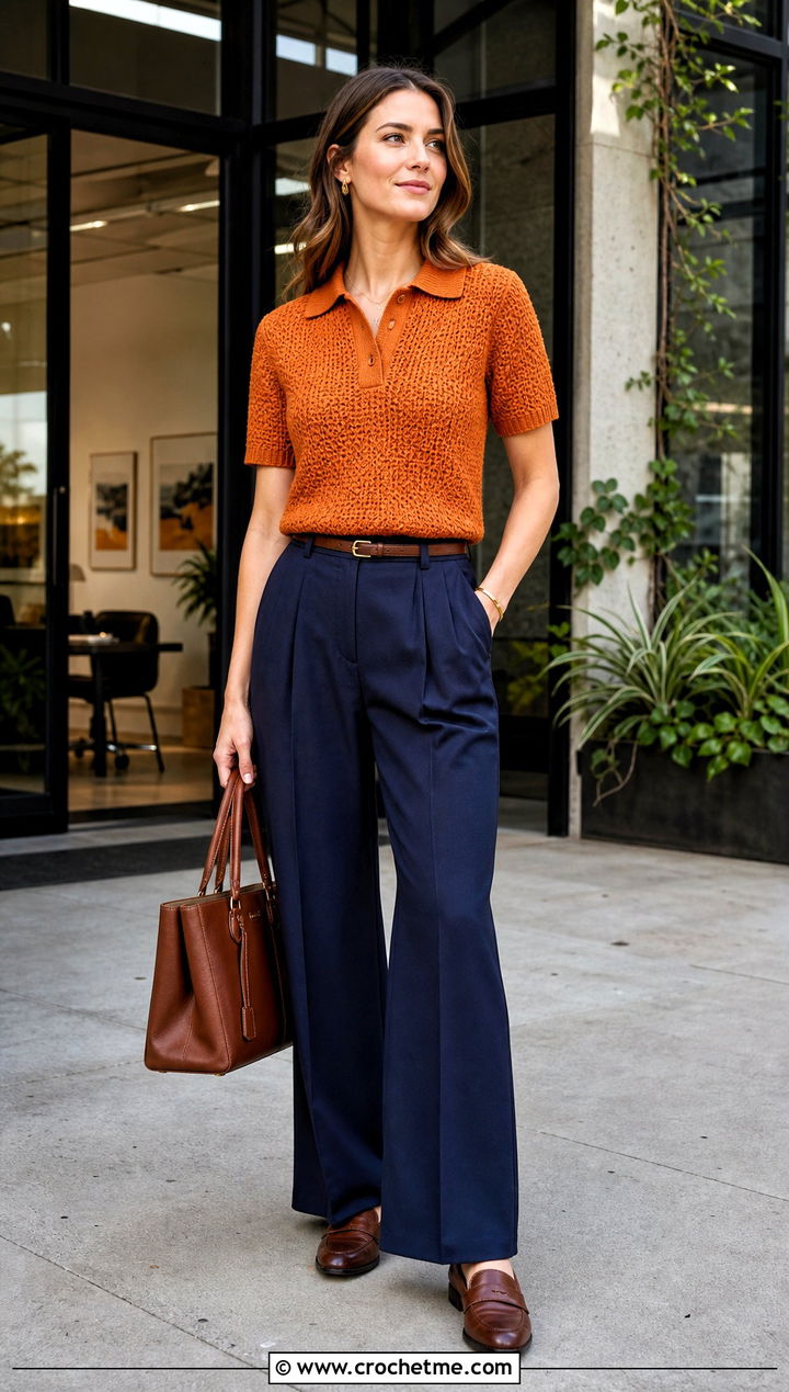 Crochet Polo Top With Tailored Trousers - 25 freestyle crochet top outfit ideas
