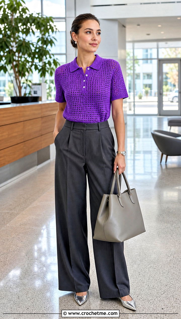 Crochet Polo Top With Tailored Trousers - 15 cool crochet top outfit ideas