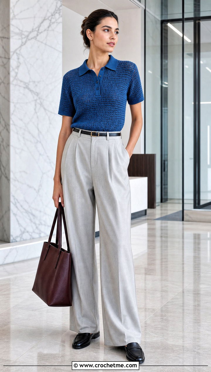 Crochet Polo Top With Tailored Trousers - 35 crochet womens tops outfit ideas
