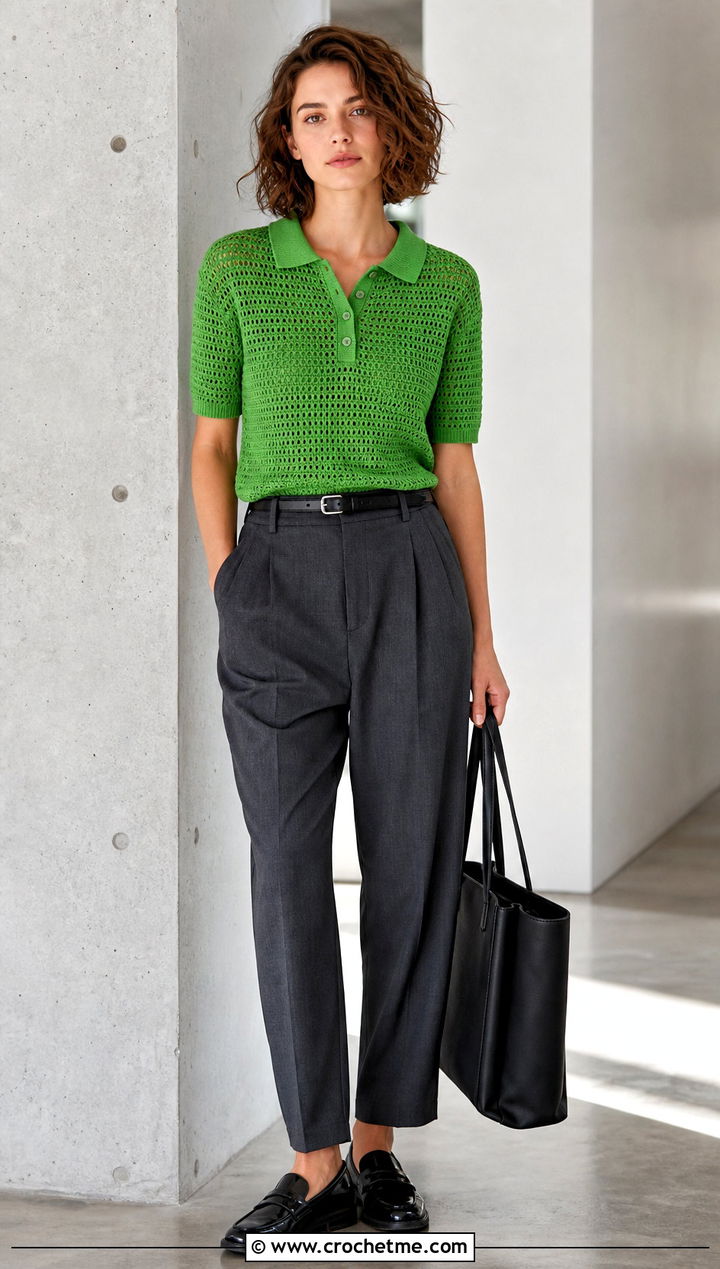 Crochet Polo Top With Tailored Trousers - 30 70s crochet top outfit ideas
