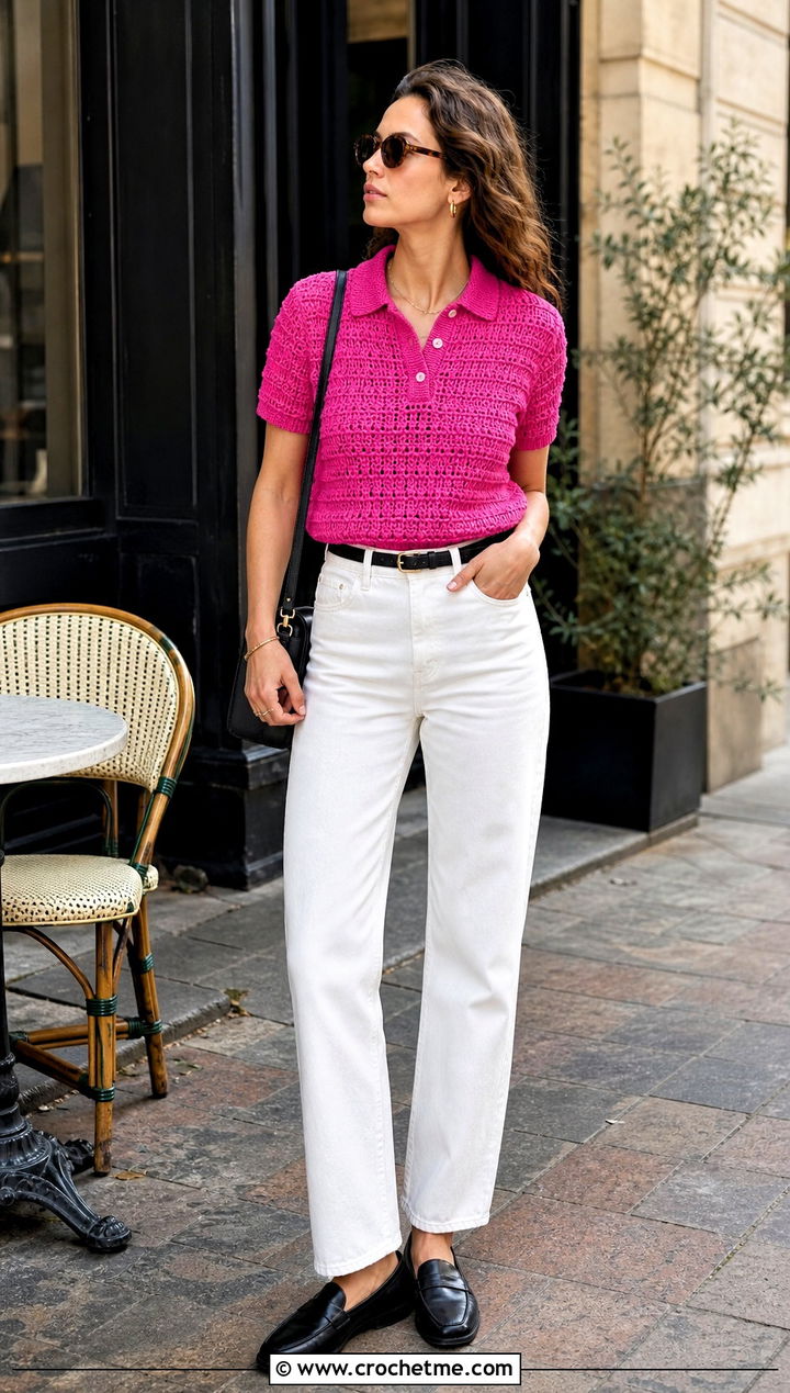 Crochet Polo Top With White Jeans - 25 vintage crochet top outfit ideas