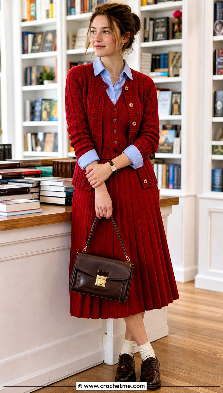 Crochet Polo Vest Pleated Skirt And Cardigan Set With Oxfords - 25 crochet three piece outfit ideas