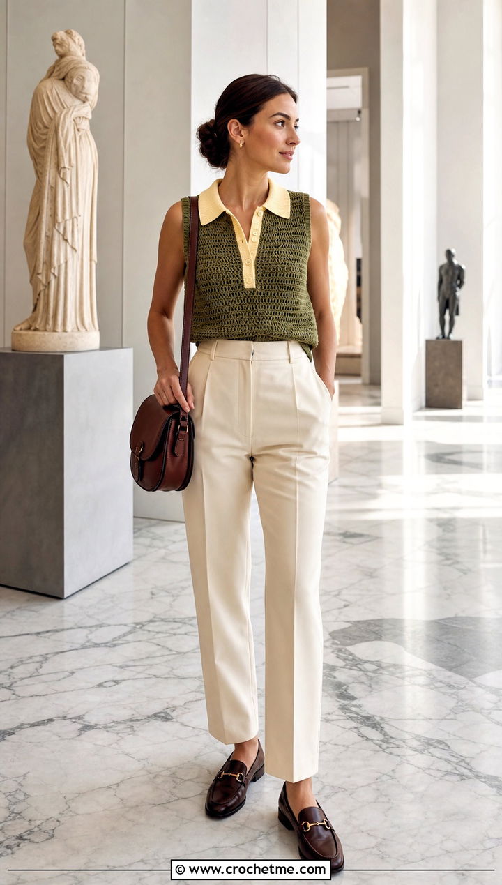 Crochet Polo Vest With Chinos And Loafers - 30 two colour crochet top outfit ideas