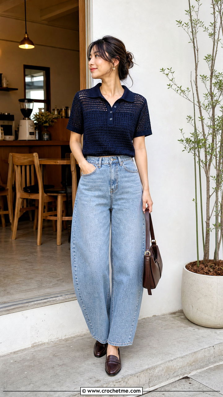 Crochet Polo With Barrel Leg Jeans - 35 crochet clothes and outfit ideas
