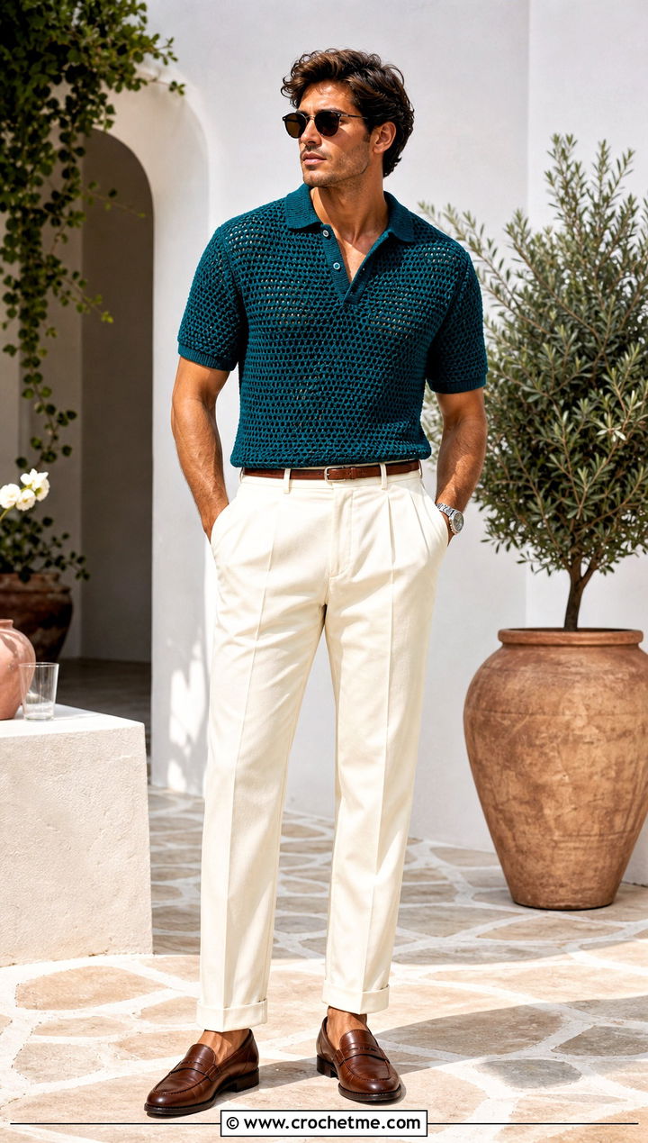 Crochet Polo With High Waisted Trousers - 25 Crochet Guys Clothes and outfit ideas