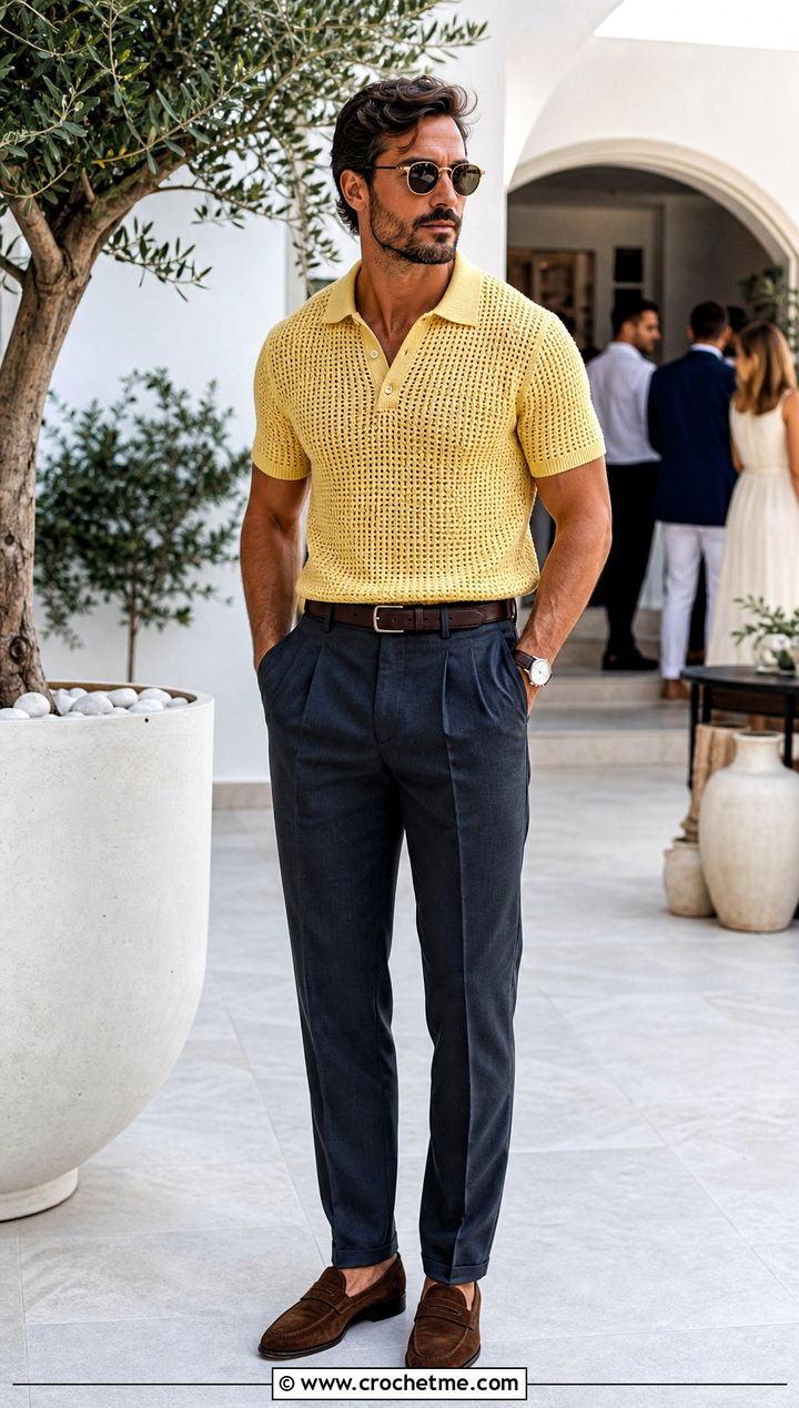 Crochet Polo With Pleated Trousers - 30 Mens Crochet Outfit ideas