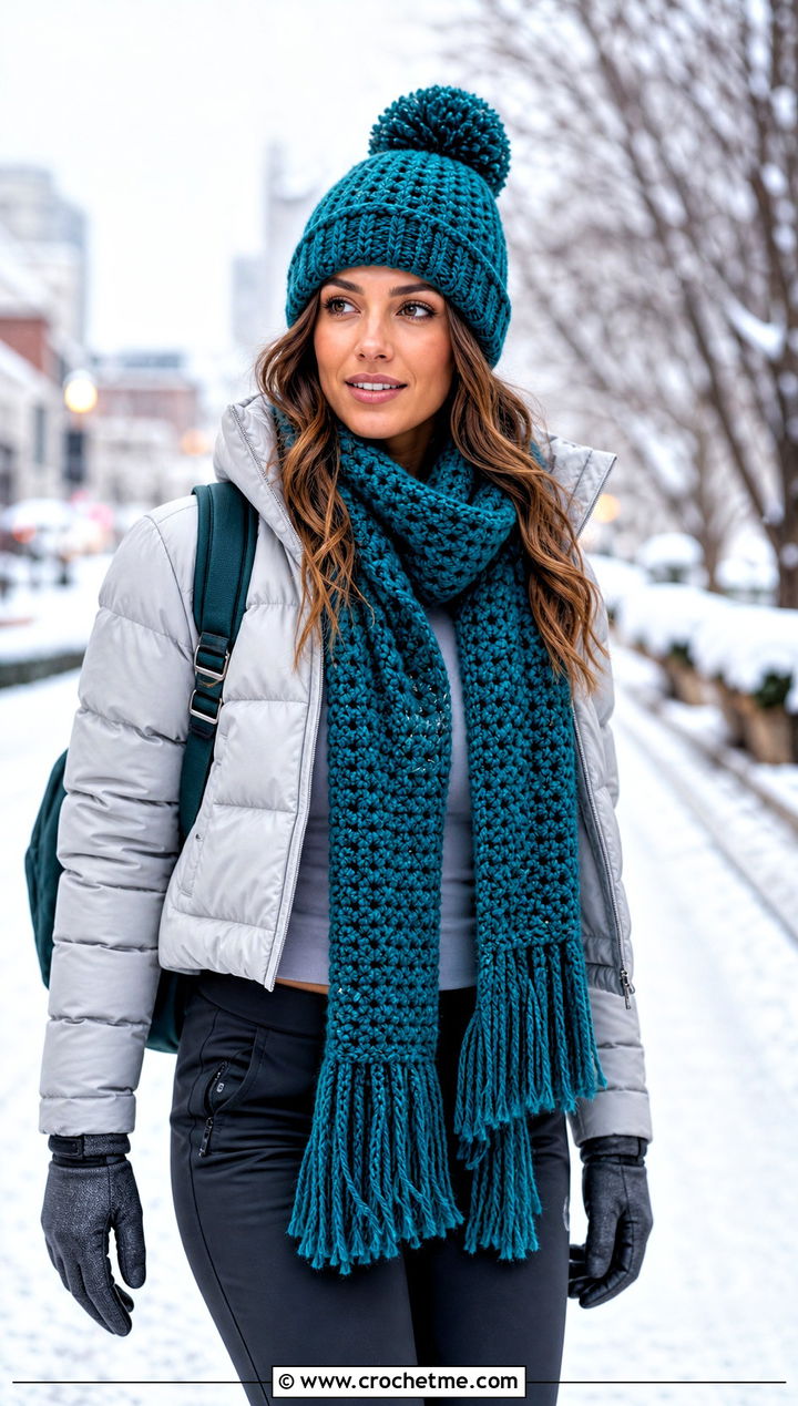 Crochet Pom Pom Beanie And Fringe Scarf With Puffer Jacket - 15 Easy Crochet Hat And Scarf Set outfit ideas