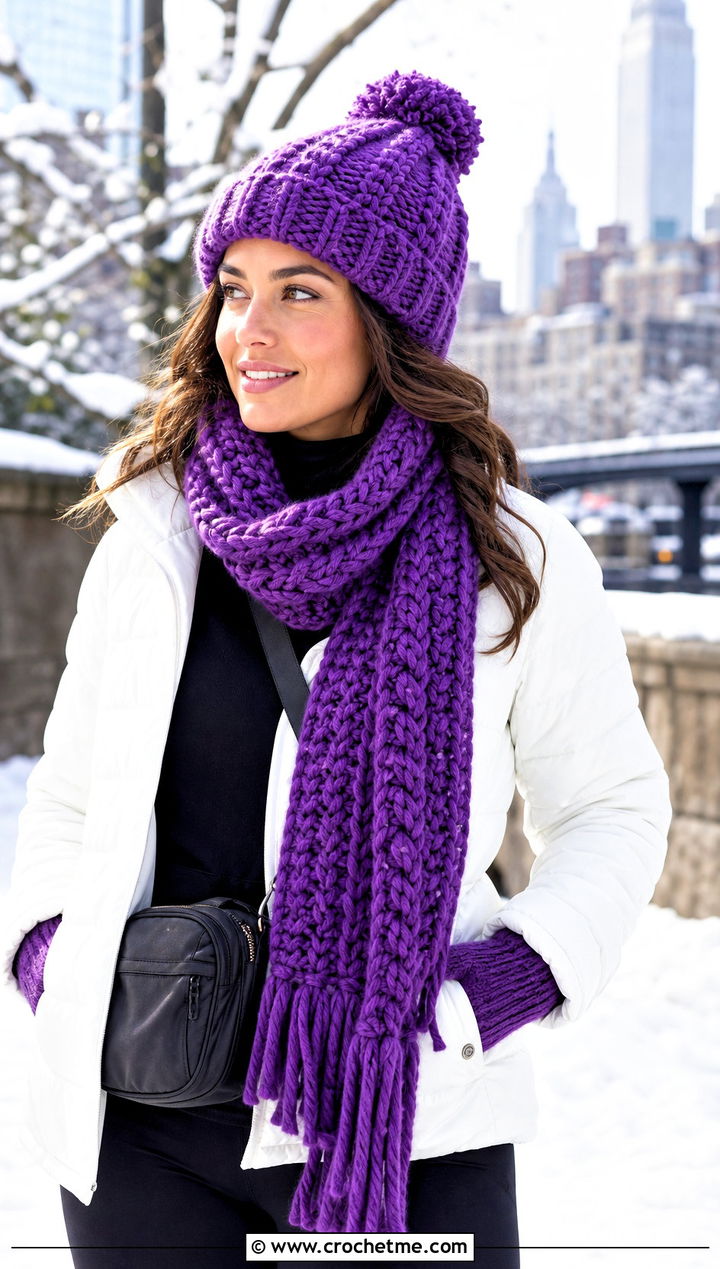 Crochet Pom Pom Beanie And Fringe Scarf With Puffer Jacket - 25 crochet scarf hat combo outfit ideas