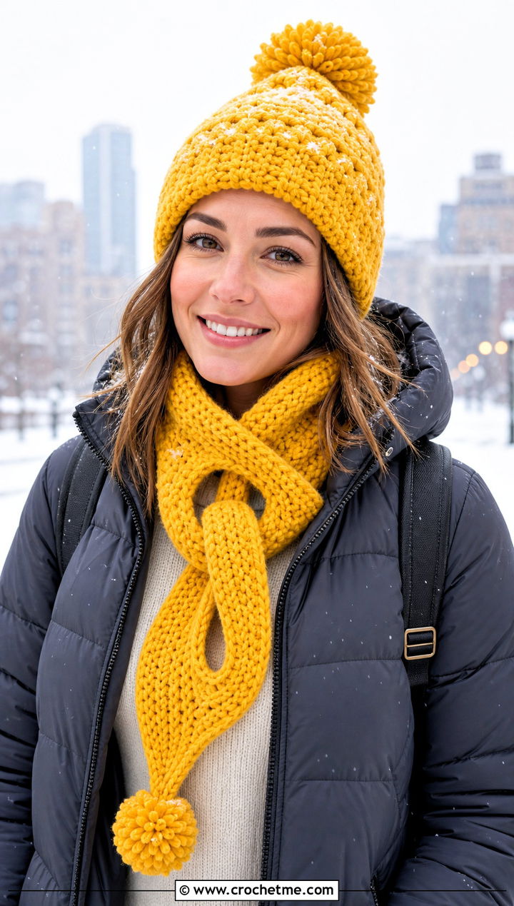 Crochet Pom Pom Beanie And Keyhole Scarf With Puffer Coat - 15 Crochet Scarf Hat outfit ideas