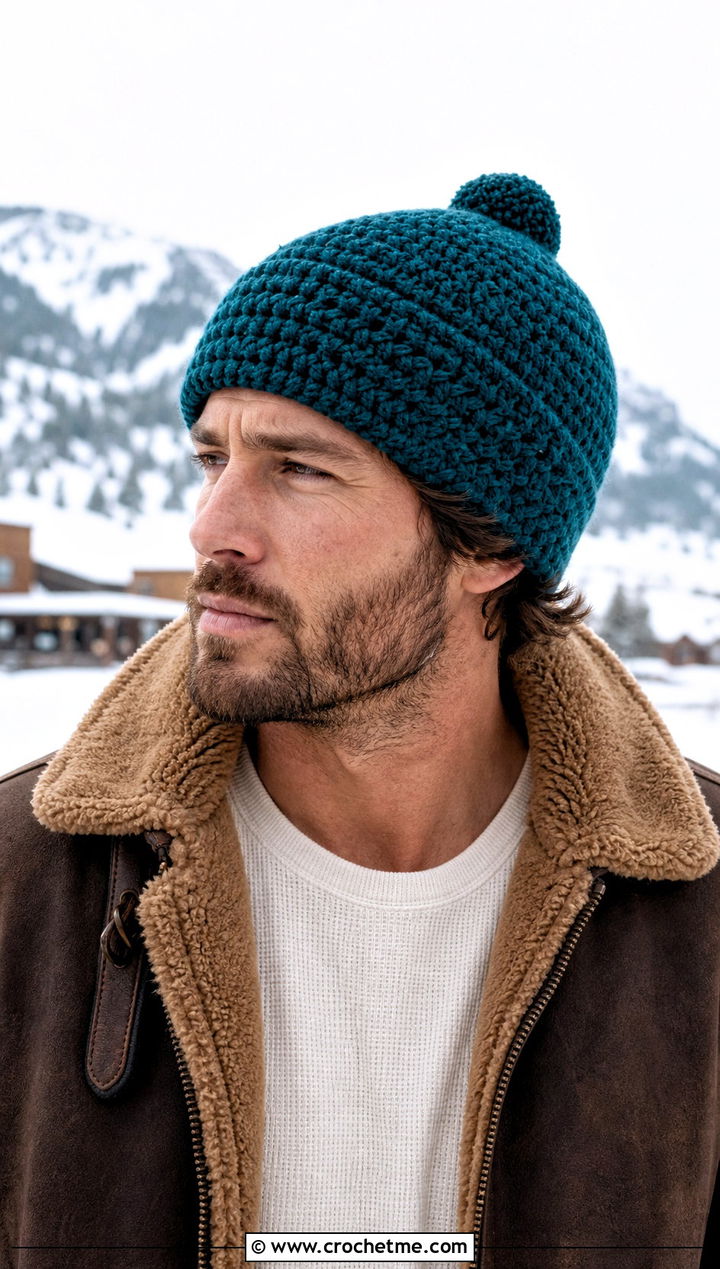 Crochet Pom Pom Beanie With Shearling Jacket - 25 Crochet Mens Winter Hat outfit ideas