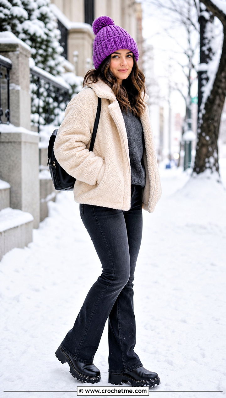 Crochet Pom Pom Beanie With Shearling Jacket - 35 Crochet Hat Inspo outfit ideas