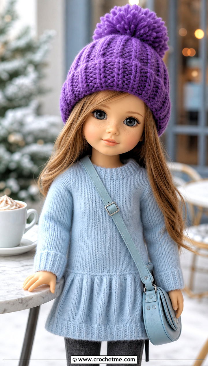 Crochet Pom Pom Beanie With Sweater Dress And Leggings - 35 crochet hat for doll outfit ideas