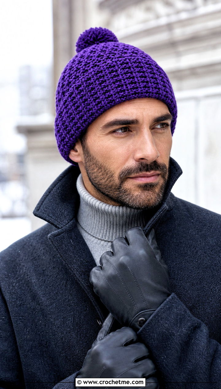 Crochet Pom Pom Beanie With Wool Overcoat - 15 Crochet Mens Hats outfit ideas