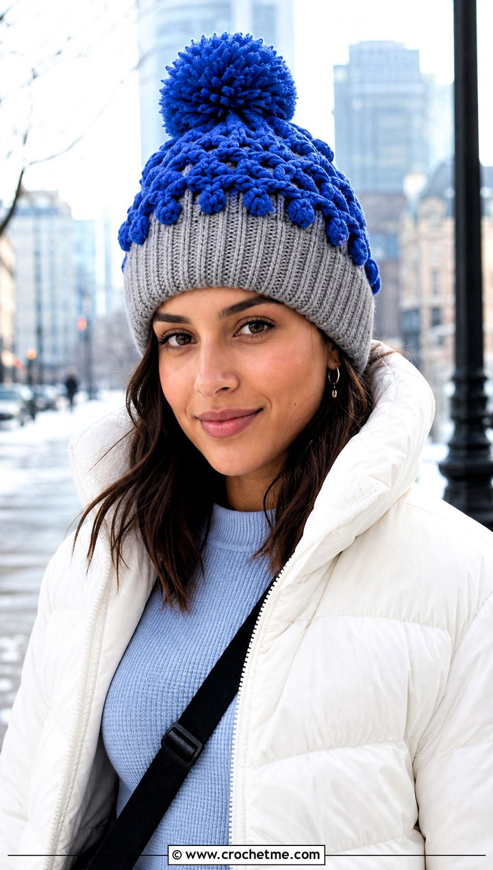 Crochet Pom Pom Hat Topper With Puffer Jacket Outfit - 20 Crochet Hat Toppers Ideas