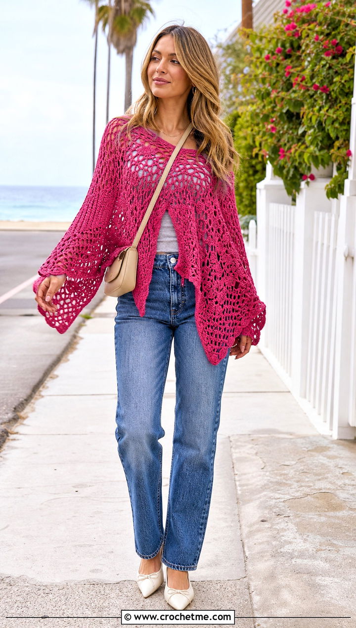 Crochet Poncho Cover Up With Straight Leg Jeans - 25 Cute Crochet Cover Up outfit ideas