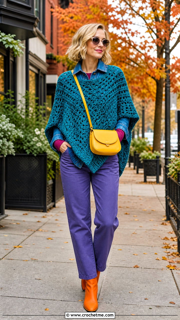 Crochet Poncho Over A Denim Jacket - 35 crochet poncho outfit ideas