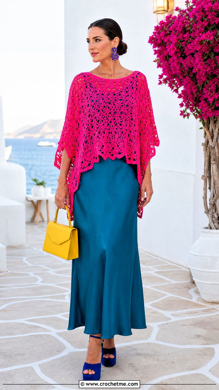 Crochet Poncho Over A Maxi Dress - 35 crochet poncho outfit ideas