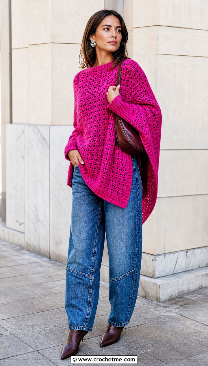 Crochet Poncho Sweater With Barrel Jeans - 30 woman winter crochet poncho outfit ideas