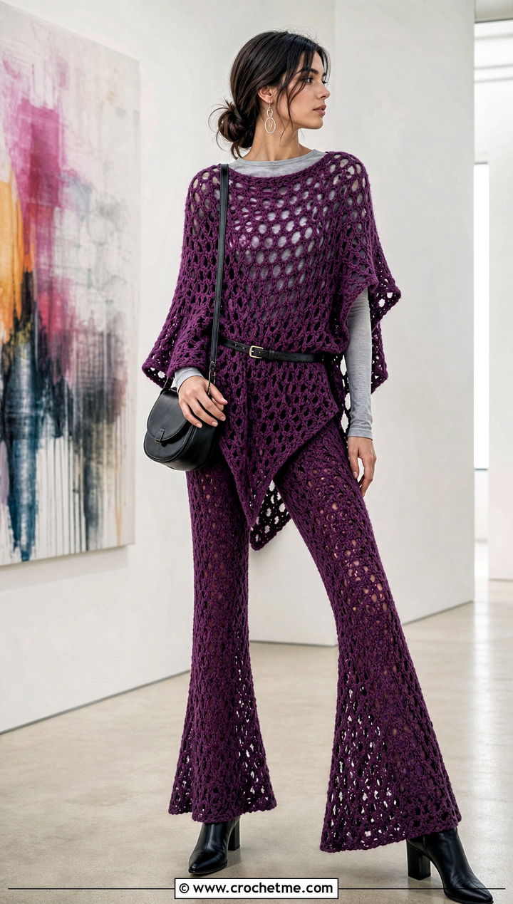 Crochet Poncho Top And Flared Pants Set With Ankle Boots - 15 Autumn Crochet Clothing Set outfit ideas