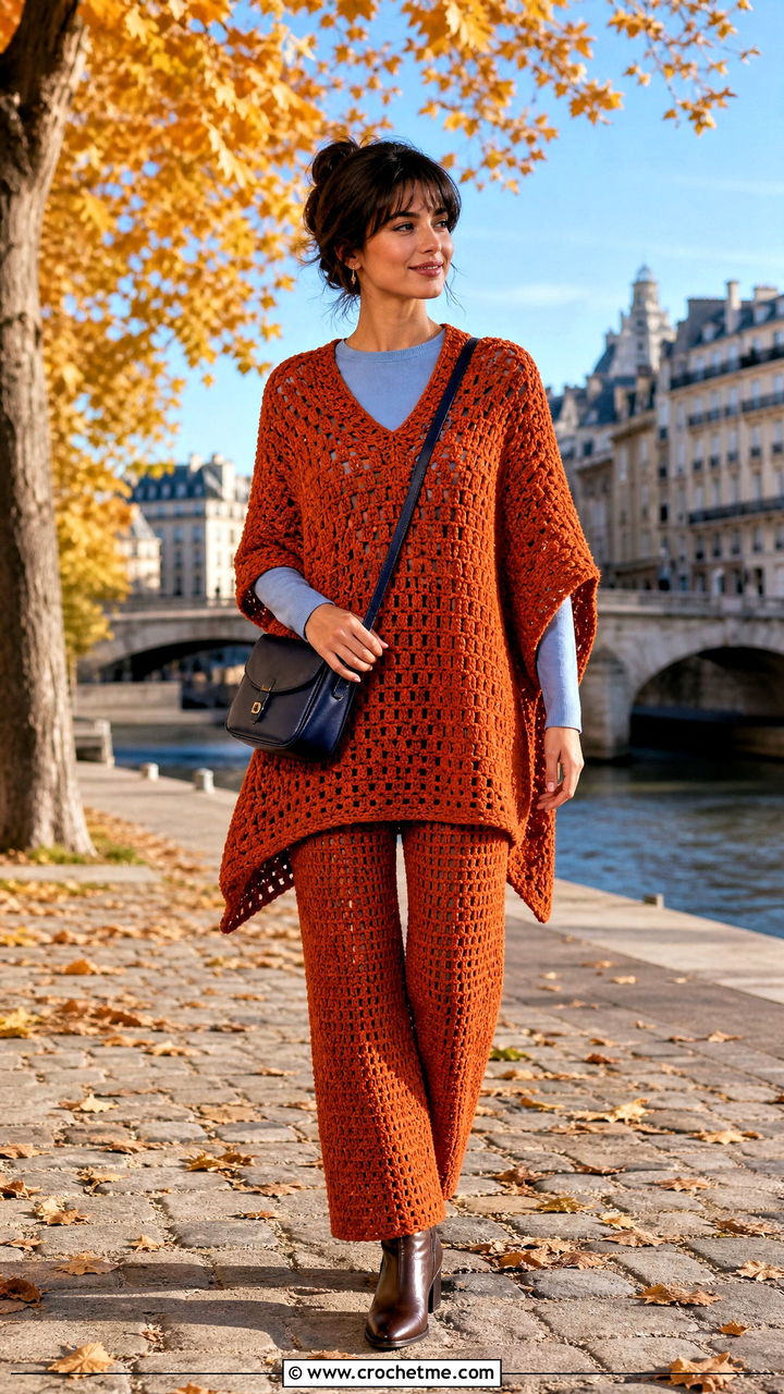 Crochet Poncho Top And Pants Set With Ankle Boots - 35 crochet set outfit ideas