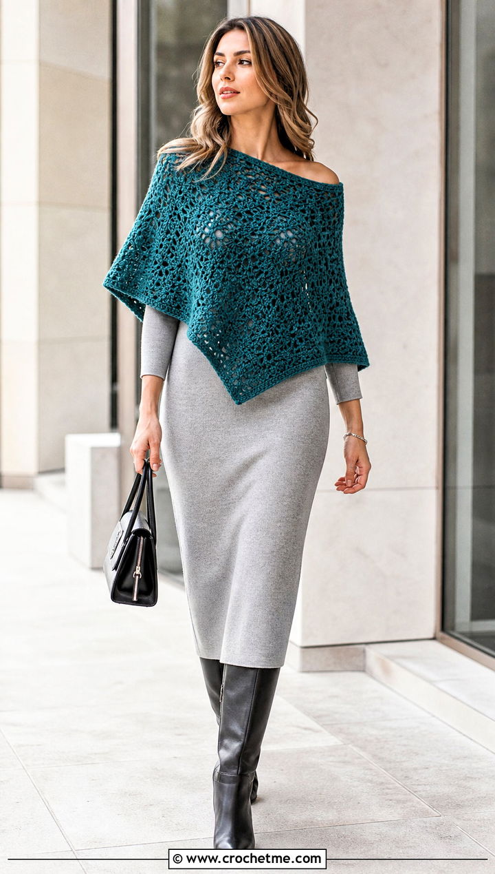 Crochet Poncho Top Over A Column Dress - 30 Crochet Top Layering Outfit ideas