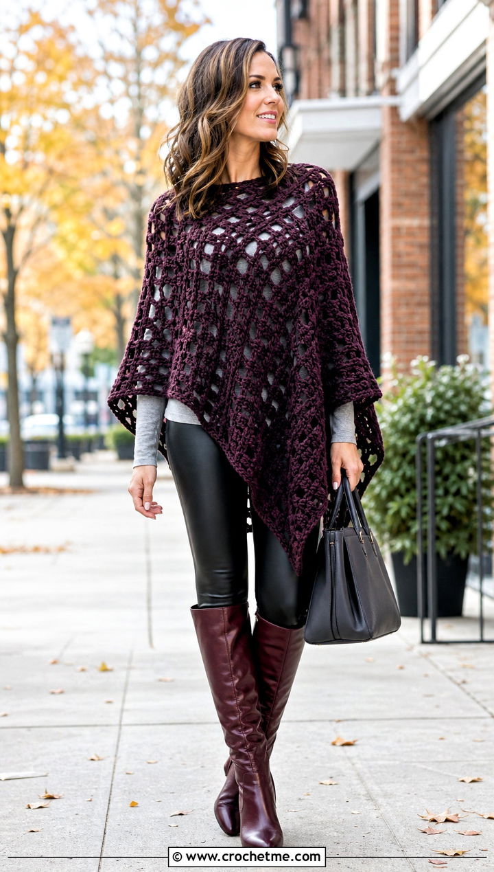 Crochet Poncho Top With Leather Leggings - 25 Flowy Crochet Top outfit ideas