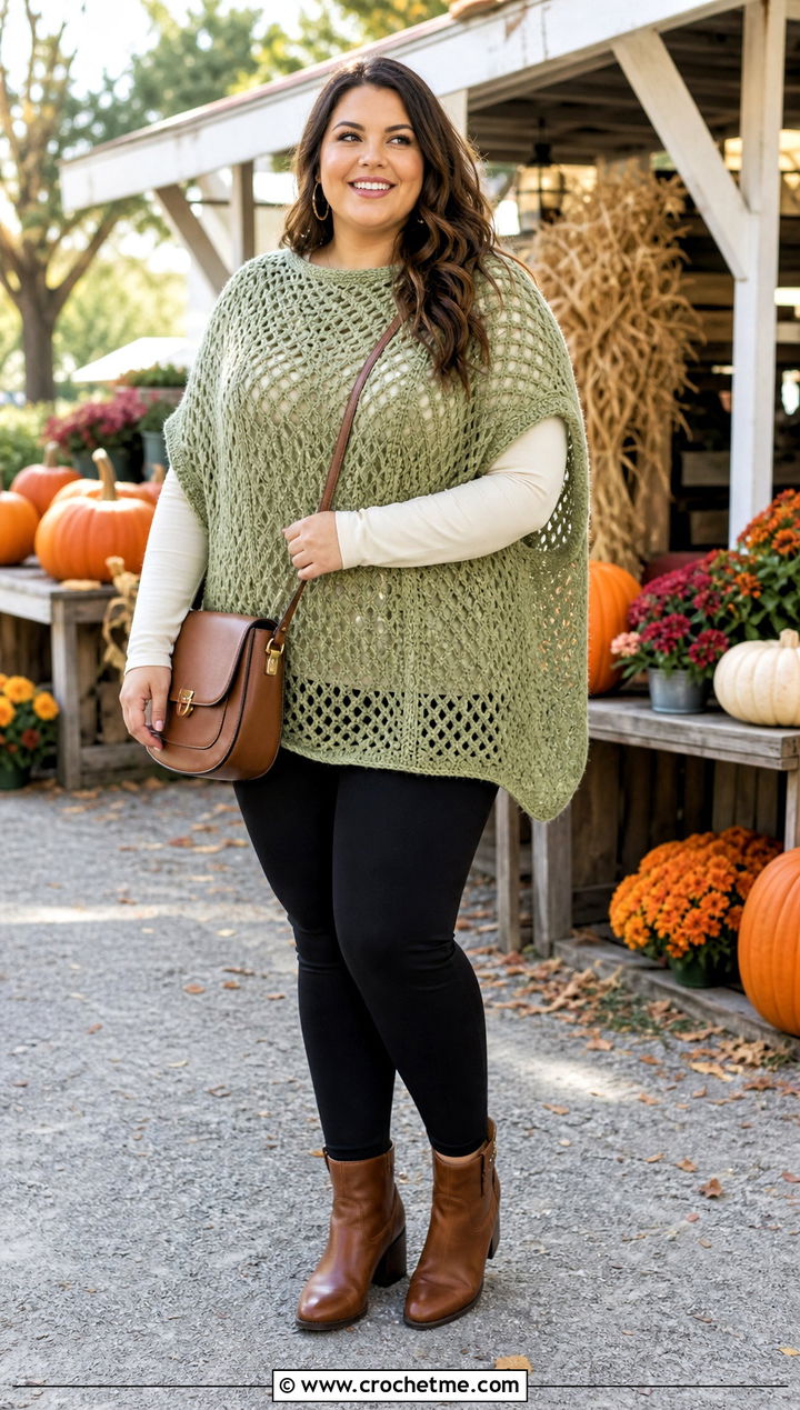 Crochet Poncho Top With Leggings And Boots - 35 plus size crochet top outfit ideas