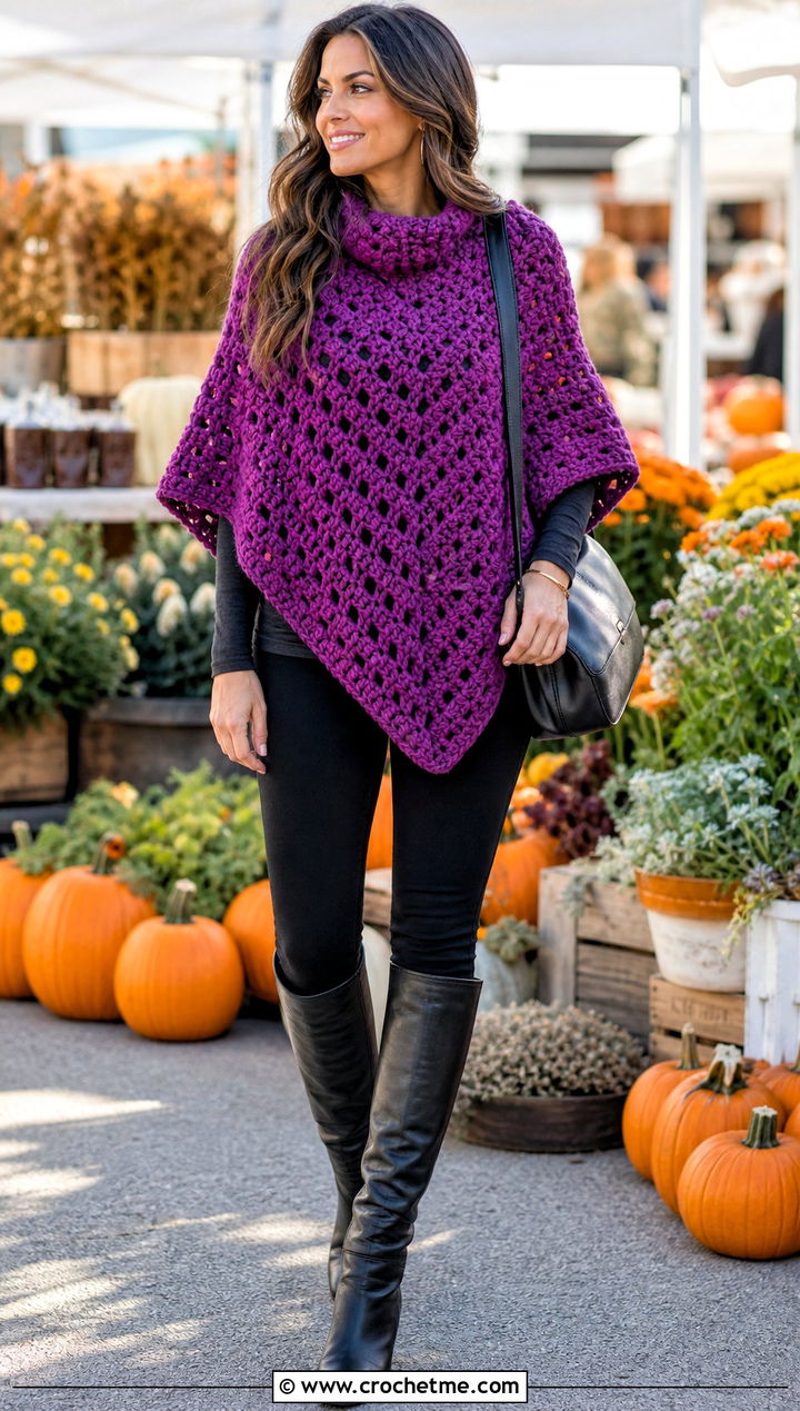 Crochet Poncho Top With Leggings And Tall Boots - 35 style crochet top outfit ideas