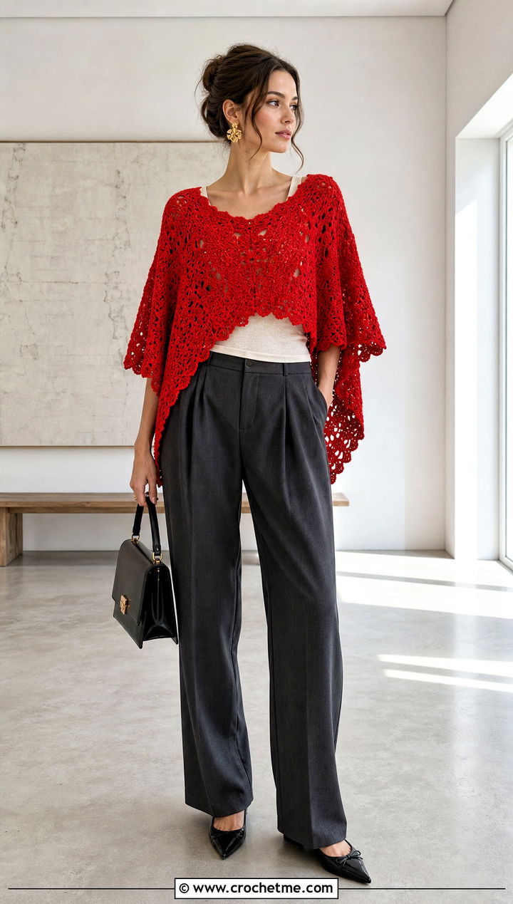 Crochet Poncho Top With Pleated Trousers - 30 crochet clothing ideas