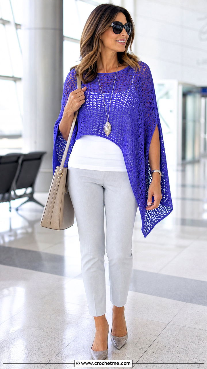 Crochet Poncho Top With Slim Ankle Pants - 35 cute crochet tops outfit ideas