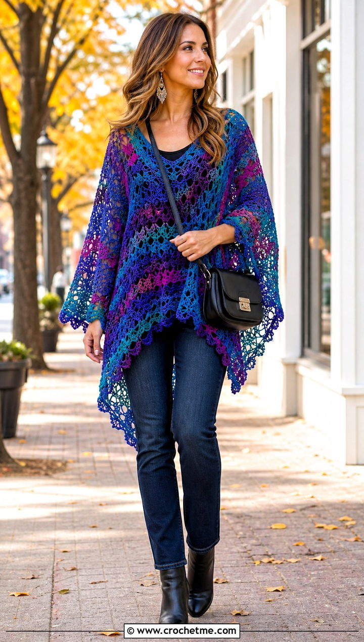 Crochet Poncho Top With Slim Jeans - 25 cute easy crochet tops outfit ideas