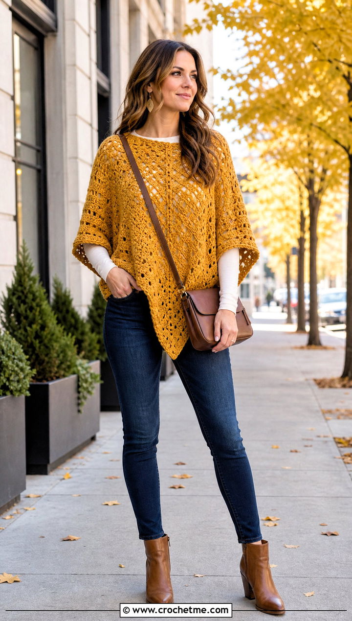 Crochet Poncho Top With Slim Jeans - 30 beginner crochet top outfit ideas