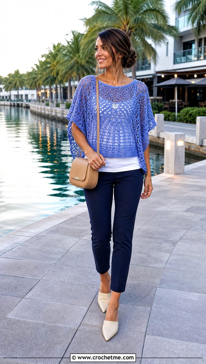 Crochet Poncho Top With Slim Pants - 35 aesthetic crochet summer tops outfit ideas