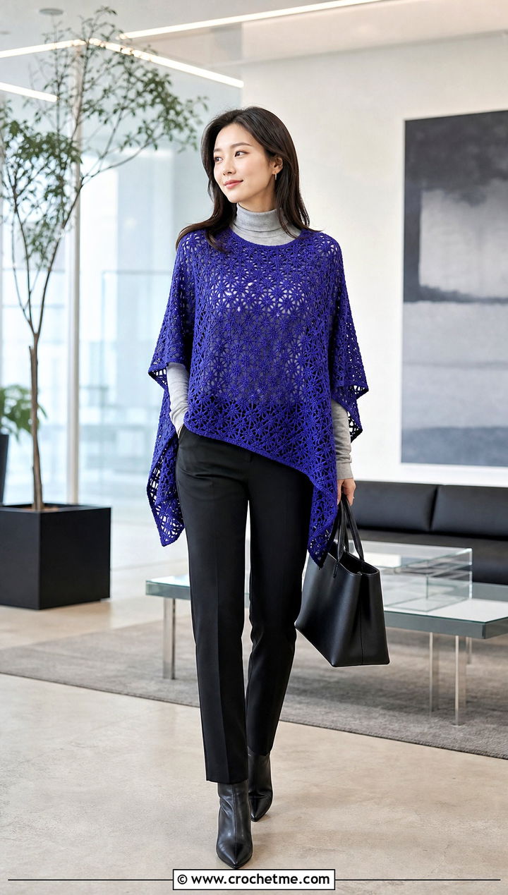 Crochet Poncho Top With Slim Trousers - 30 korean crochet outfits ideas