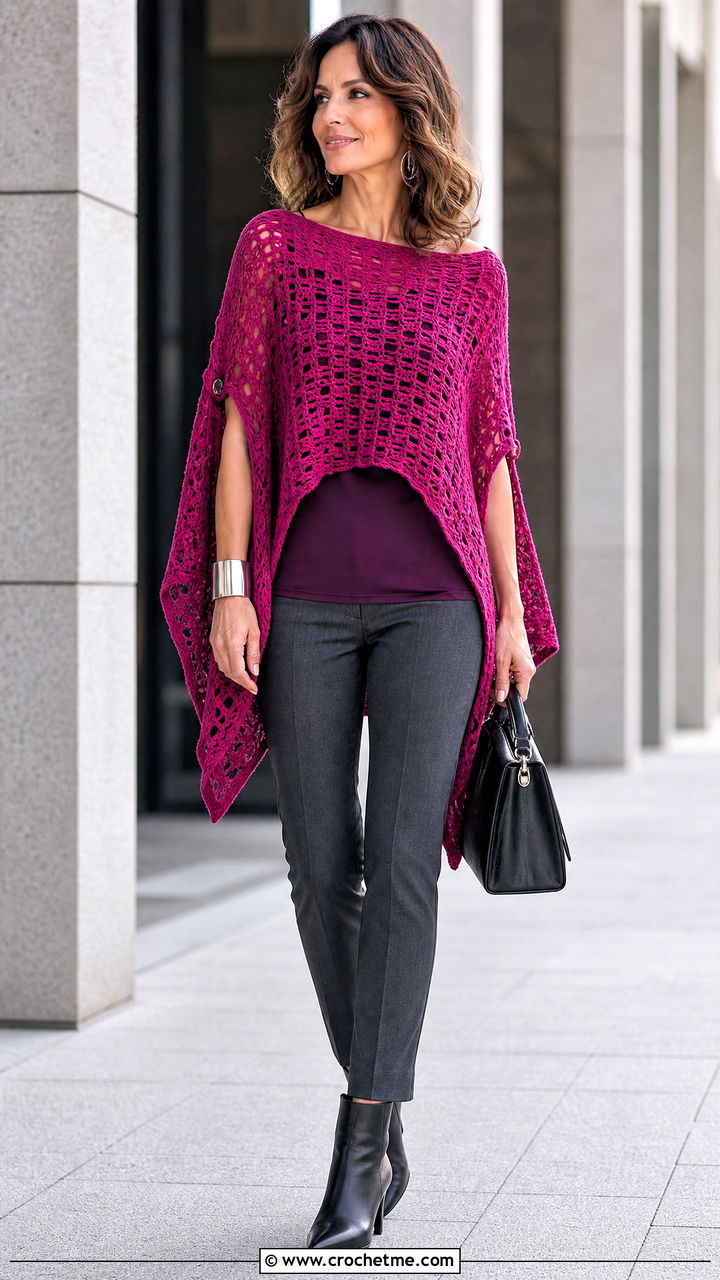 Crochet Poncho Top With Slim Trousers - 35 crochet top for women outfit ideas