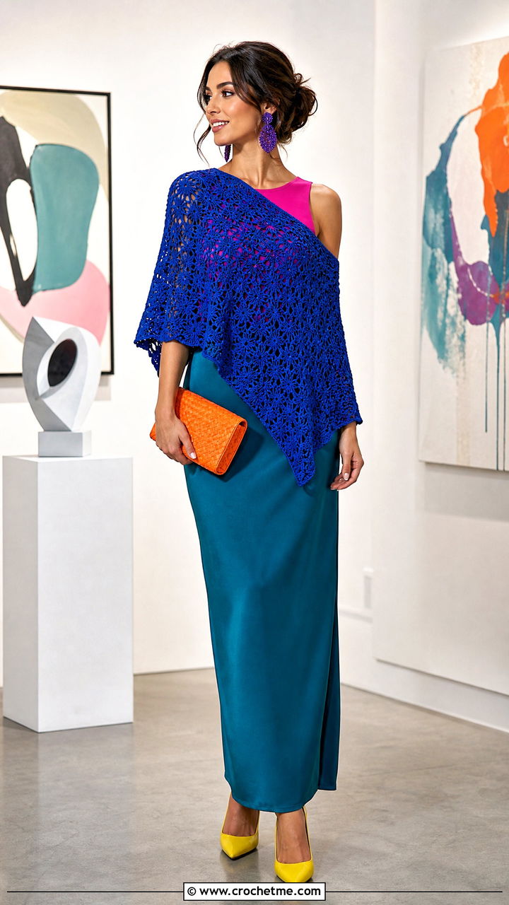 Crochet Poncho With A Column Skirt - 35 crochet poncho outfit ideas