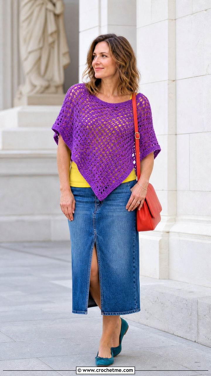 Crochet Poncho With A Denim Midi Skirt - 35 crochet poncho outfit ideas