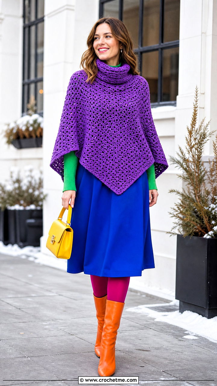 Crochet Poncho With A Midi Skirt And Tights - 35 crochet poncho outfit ideas
