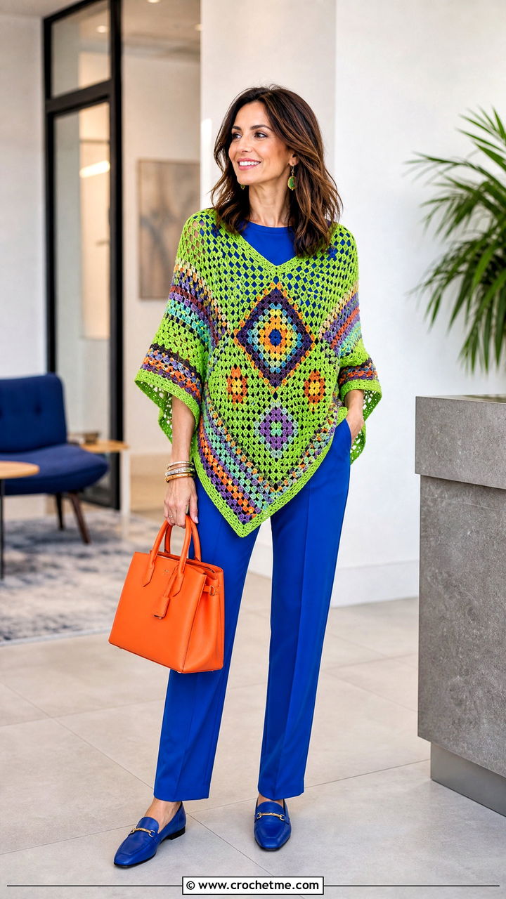 Crochet Poncho With A Monochrome Base - 35 crochet poncho outfit ideas