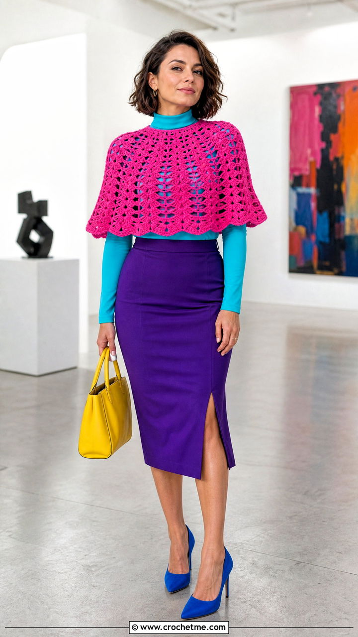 Crochet Poncho With A Pencil Skirt - 35 crochet poncho outfit ideas