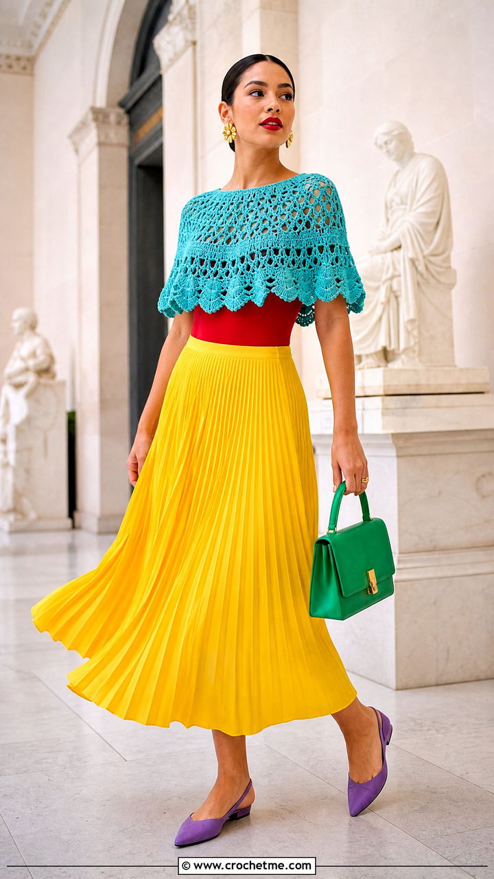 Crochet Poncho With A Pleated Midi Skirt - 35 crochet poncho outfit ideas