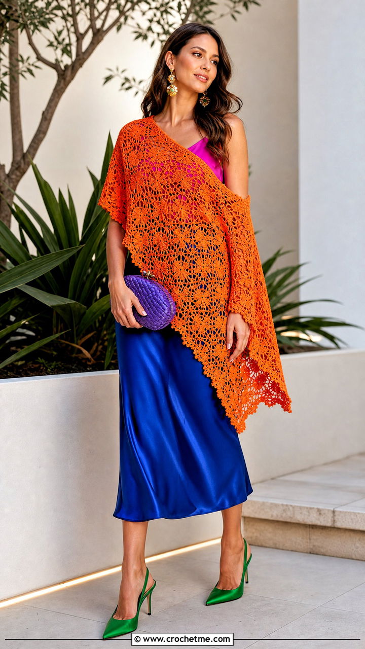 Crochet Poncho With A Satin Midi Skirt - 35 crochet poncho outfit ideas
