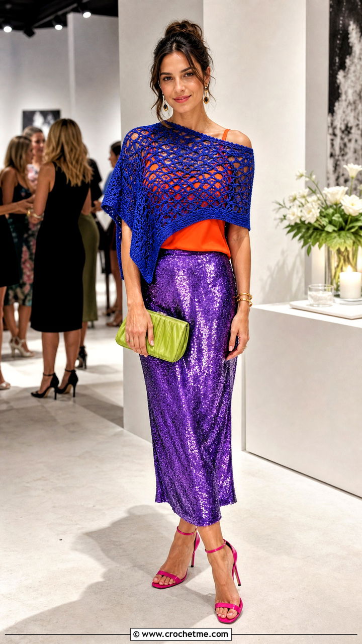 Crochet Poncho With A Sequin Skirt - 35 crochet poncho outfit ideas