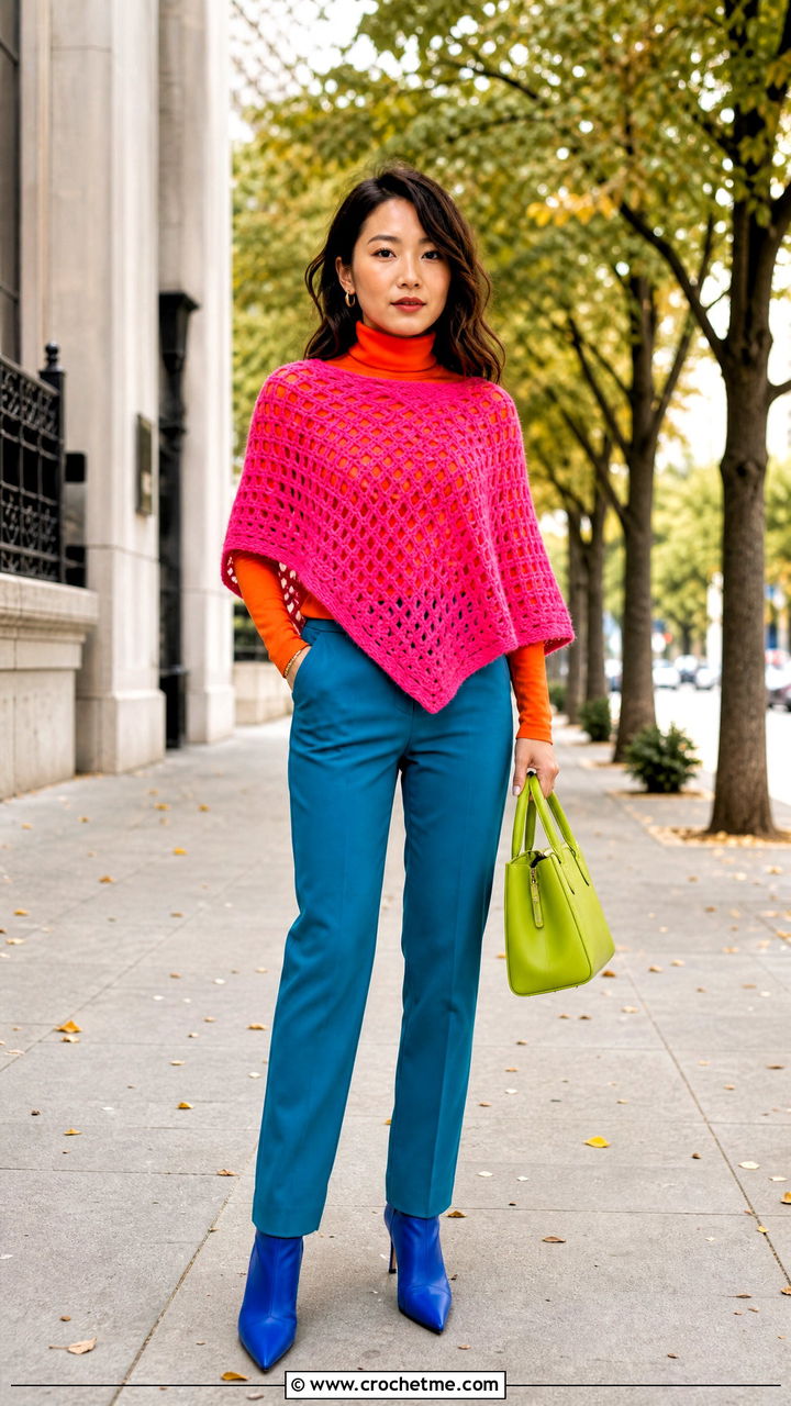 Crochet Poncho With A Turtleneck And Slim Pants - 35 crochet poncho outfit ideas