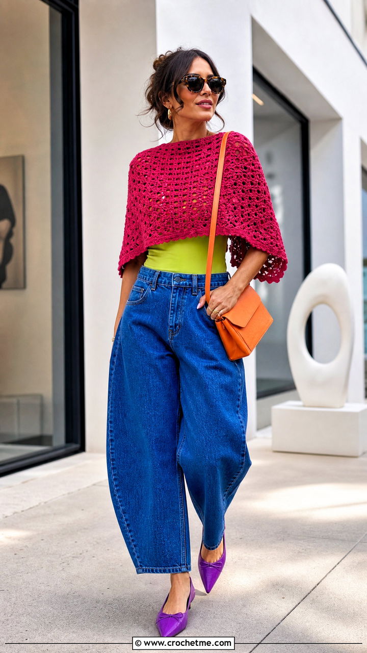 Crochet Poncho With Barrel Jeans - 35 crochet poncho outfit ideas