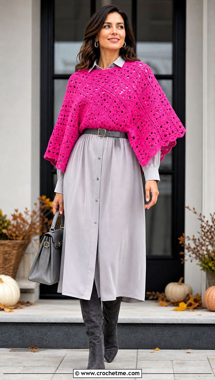 Crochet Poncho With Belted Shirt Dress - 30 full crochet outfit ideas