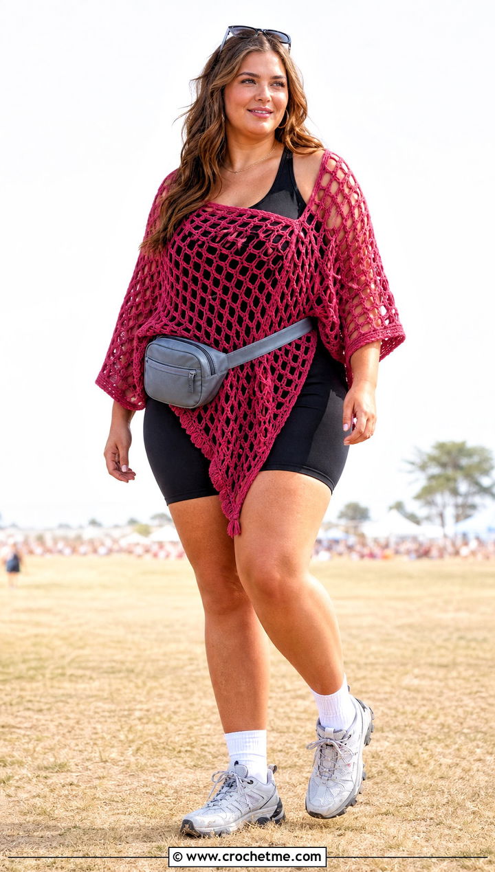 Crochet Poncho With Bike Shorts - 25 Crochet Festival Outfit ideas