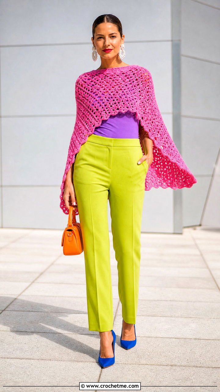 Crochet Poncho With Color Block Pants - 35 crochet poncho outfit ideas