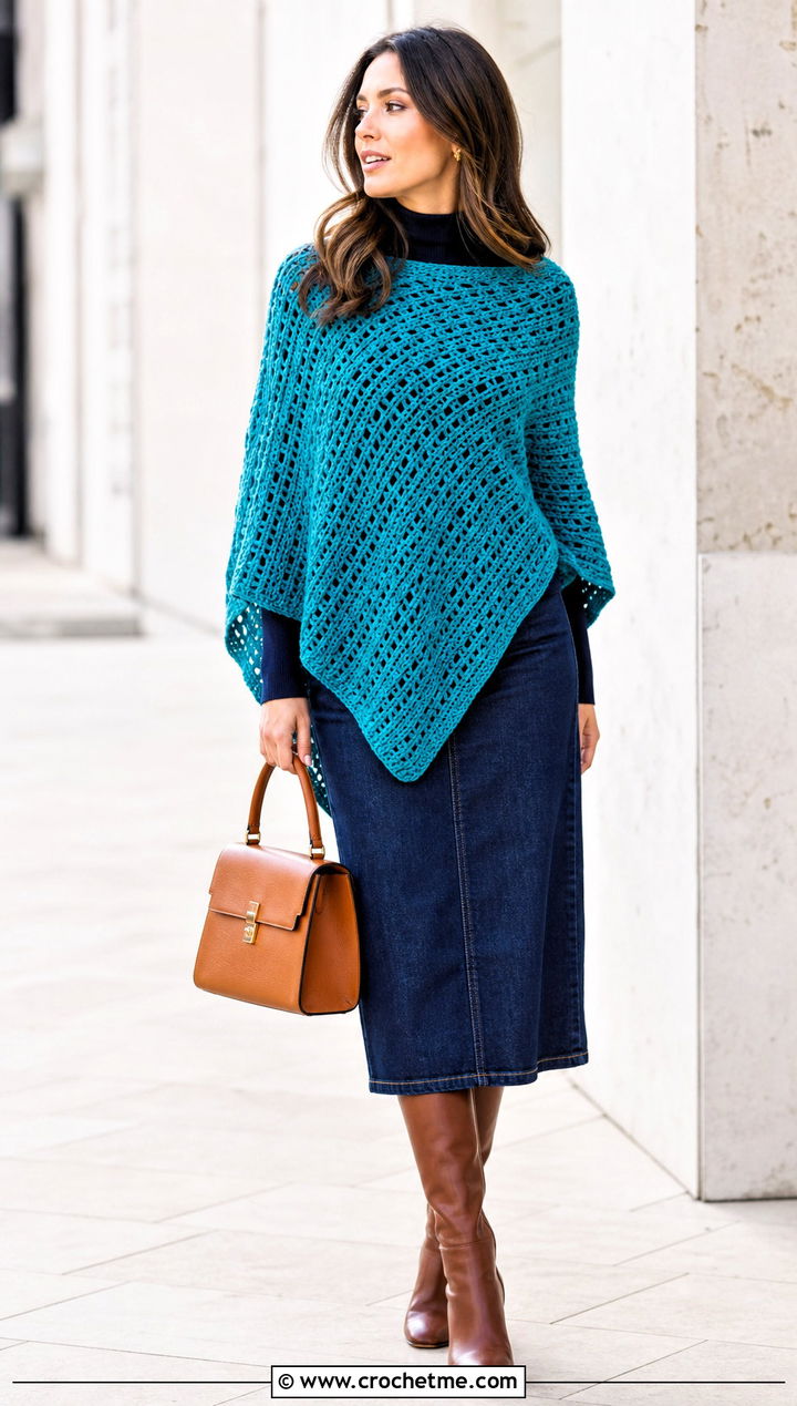 Crochet Poncho With Denim Midi Skirt - 25 winter crochet outfit ideas