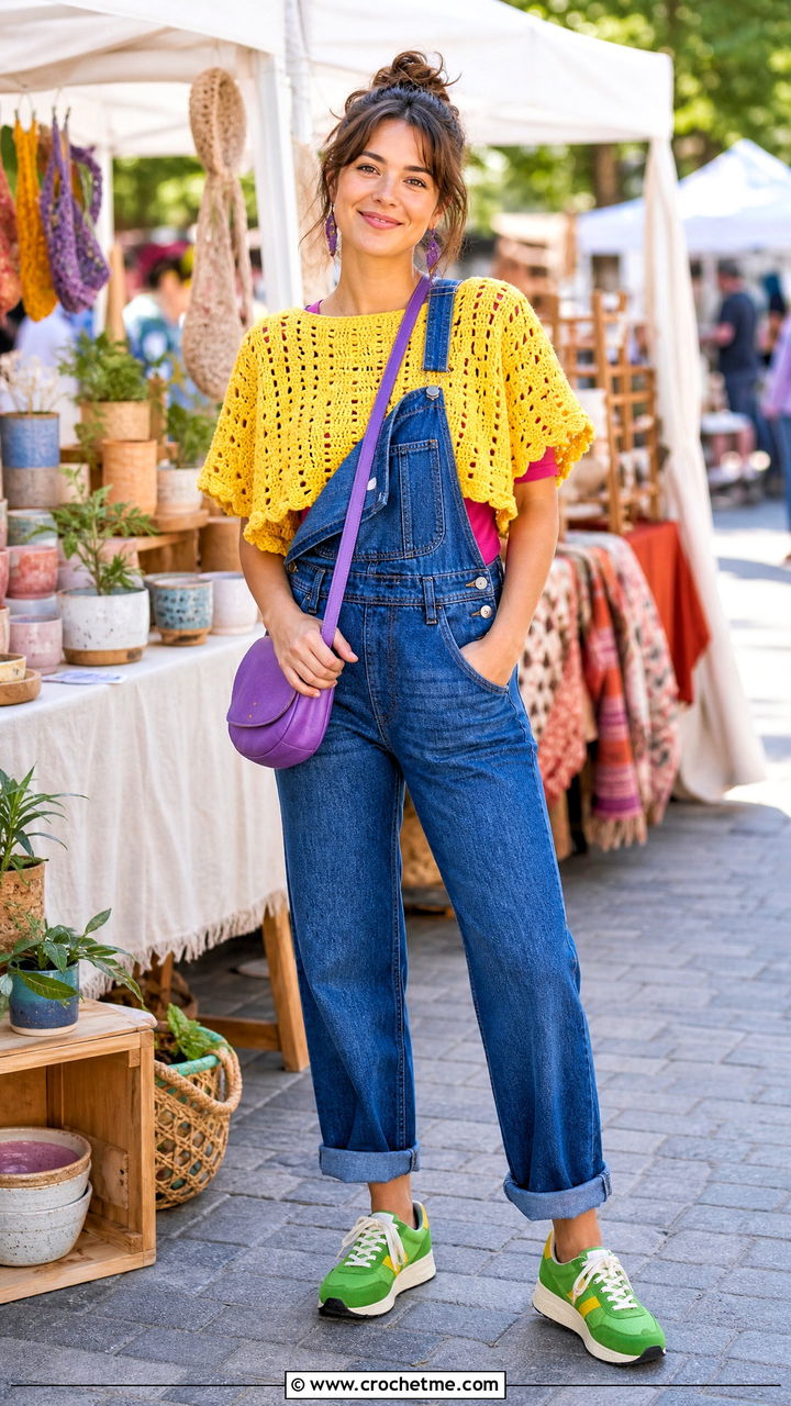 Crochet Poncho With Denim Overalls - 35 crochet poncho outfit ideas